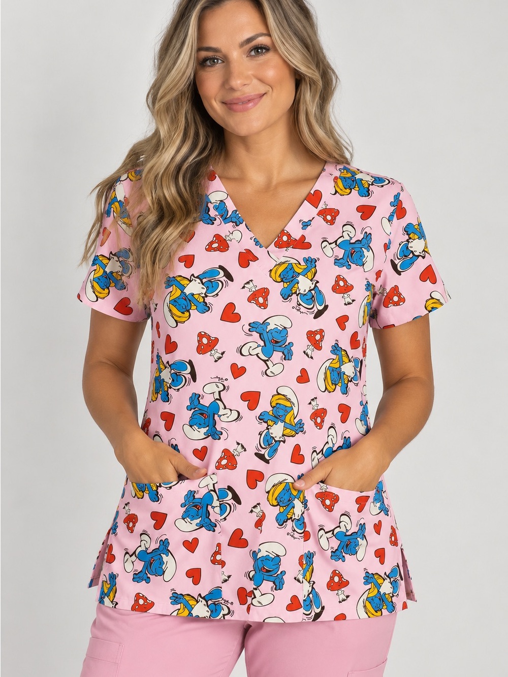 Pink Smurfs V-Neck Short Sleeve Scrub Top